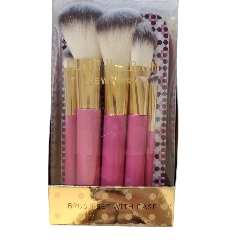 Isaac Mizrahi 5 Brush Set with Case - Makeup Brushes - Pink & Gold‎ New